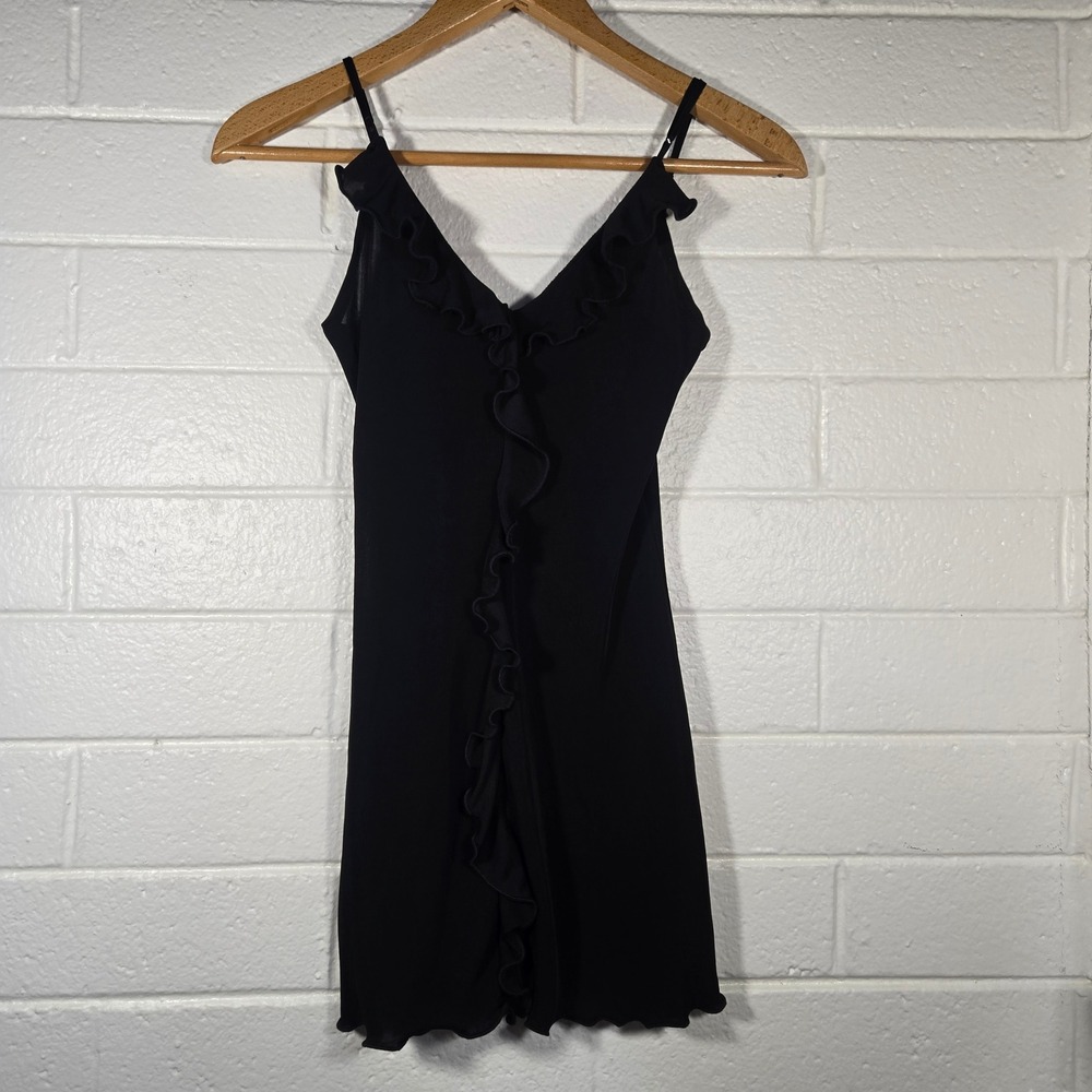 Vtg Sahara Ruffle Mini Dress Medium‎ Strap Little Black Dress LBD 90s Club Goth